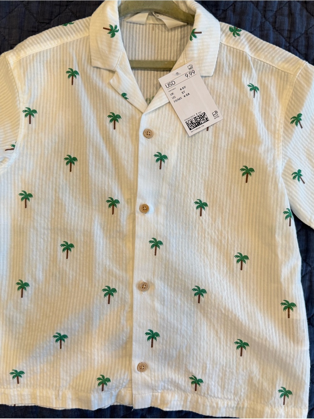 Boys 5T Casual White Short-Sleeve Button-Down Shirt with Green Palm Print